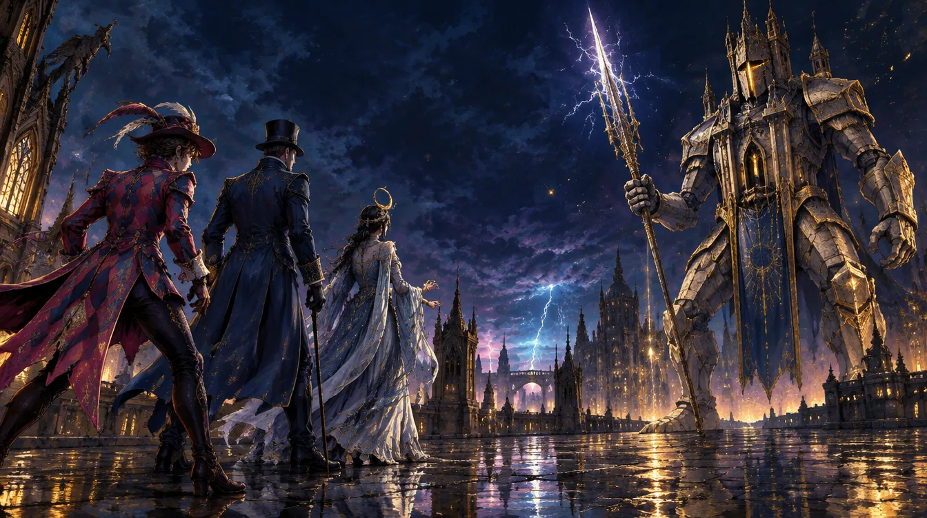 Odo, Ossian, dan Vesna berbaris di kiri atap kota, menghadap The Tower Warden yang menjulang di kanan di bawah kilat